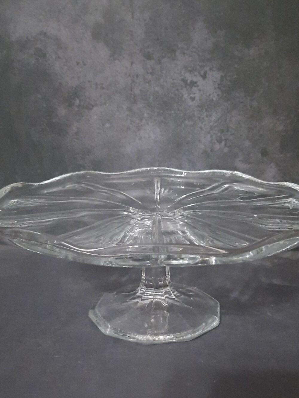 Vintage Clear Pressed Glass Pedestal Cake Stand With Scalloped Edge - Picture 2 of 5